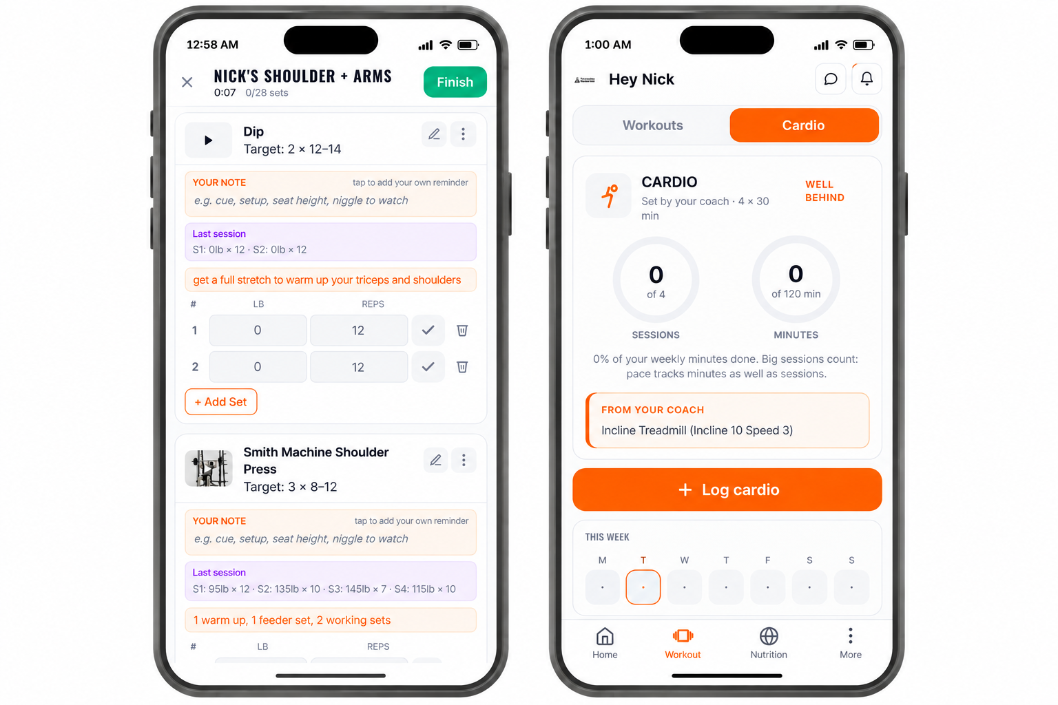 Coaching app workout screens showing set-by-set exercise tracking and weekly cardio targets