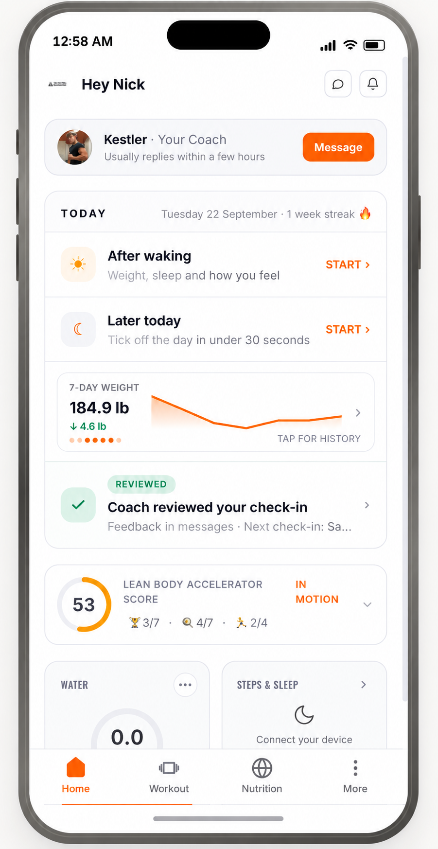 Coaching app home dashboard showing the daily check-in, 7-day weight progress, coach messages and weekly score